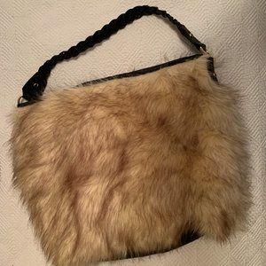 H&M Faux Fur Bucket Hobo Bag with Braided Black Handle